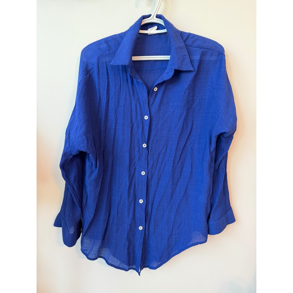 Flawless Cobalt Blue Crinkle Gauze Button Down Shirt Long Sleeve Small